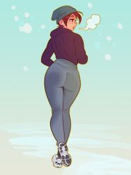 Rule 34 | 1girl, airpods, ass, aubrey (neal d. anderson), breath, brown eyes, brown hair, commentary, curvy, english commentary, freckles, from behind, full body, grey pants, highres, hood, hood down, hoodie, jogging, looking to the side, mole, neal d. anderson, original, pants, purple hoodie, shoes, sneakers, snow, solo, teeth, tight clothes, tight pants, track pants, upper teeth only, white footwear, wireless earphones