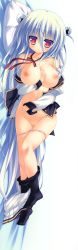 Rule 34 | 1girl, 2-g, absurdres, arm between breasts, between breasts, black pantyhose, breasts, clothes pull, dakimakura (medium), from above, full body, grey hair, groin, hair between eyes, highres, hozumi moa, huge filesize, large breasts, long hair, looking at viewer, lying, midriff, nipples, no bra, on back, on side, open clothes, open shirt, panties, panty pull, pantyhose, pantyhose pull, pillow, pink panties, purple eyes, shirt, skirt, skirt around one leg, solo, tensei kunitori sex gassen!!, thigh gap, underwear, very long hair