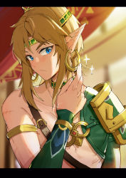 Rule 34 | 1boy, blonde hair, blue eyes, blurry, blurry background, blush, closed mouth, collarbone, commentary request, earrings, hair ornament, hand up, jewelry, leopardtiger, letterboxed, link, looking at viewer, male focus, nintendo, pointy ears, single bare shoulder, solo, sparkle, the legend of zelda, the legend of zelda: breath of the wild, upper body