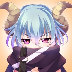 Rule 34 | 1girl, atelier-moo, belt, blue hair, covering own mouth, demon girl, demon horns, hair between eyes, horns, jitome, looking at viewer, orange background, our battle has just begun!, pointy ears, red eyes, robin (our battle has just begun!), scarf, short hair, simple background, solo