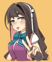 Rule 34 | 1girl, aqua bow, aqua bowtie, black hair, bow, bowtie, brown gloves, collared shirt, colored inner hair, commentary request, dress shirt, fingerless gloves, gloves, gradient eyes, highres, kantai collection, long hair, looking at viewer, macbail, multicolored eyes, multicolored hair, naganami (kancolle), naganami kai ni (kancolle), orange background, pink hair, purple vest, shirt, solo, thick eyebrows, tongue, tongue out, two-tone hair, upper body, v, vest, wavy hair, white shirt, yellow eyes