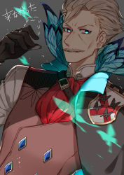 Rule 34 | 1boy, blue eyes, bug, butterfly, cape, facial hair, fate/grand order, fate (series), gloves, grey background, grey hair, grin, highres, bug, james moriarty (archer) (fate), mustache, open mouth, short hair, smile, vest