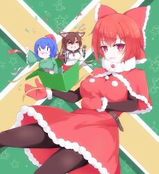 Rule 34 | &gt; &lt;, 3girls, absurdres, animal hands, antlers, belt, blue hair, bow, brown hair, commentary request, donnon08, facial hair, fur trim, gift, gloves, grass root youkai network, green kimono, hair bow, hat, highres, horns, imaizumi kagerou, japanese clothes, kimono, long hair, looking at viewer, mini person, minigirl, multiple girls, mustache, open mouth, red bow, red eyes, red gloves, red hair, red headwear, santa costume, santa hat, sash, sekibanki, short hair, star (symbol), touhou, v-shaped eyebrows, wakasagihime