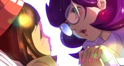 Rule 34 | 2girls, age difference, beanie, black hair, blush, closed mouth, cosmo (465lilia), creatures (company), face-to-face, fingernails, game freak, glasses, green eyes, hat, highres, holding hands, implied yuri, lens flare, lipstick, makeup, md5 mismatch, multiple girls, nail polish, nintendo, open mouth, pink lips, pokemon, pokemon sm, scene reference, selene (pokemon), short hair, sweater, turtleneck, white background, wicke (pokemon), yuri