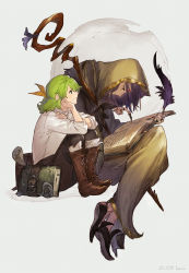 Rule 34 | 1boy, 1girl, :t, absurdres, bag, between fingers, black nails, black pants, book, book strap, brown footwear, claw ring, cloak, closed mouth, crossed ankles, elbow on knee, elbow rest, elona, exile (elona), from side, full body, green hair, hair ribbon, half updo, hand on own cheek, hand on own face, head rest, herayoshi, highres, holding, holding book, holding quill, hood, hood up, hooded cloak, hunched over, invisible chair, jewelry, kiki (herayoshi), knees up, long hair, looking away, looking down, multiple rings, nail polish, open book, orange ribbon, pants, pointy footwear, pout, profile, protagonist (elona), quill, reading, red eyes, ribbon, ring, scroll, shirt, shoes, short hair, side-by-side, sitting, sleeves past wrists, smile, standing, third eye, turtleneck, white background, white shirt