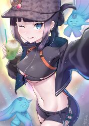 Rule 34 | 1girl, absurdres, badge, baseball cap, belt, bikini, bikini under clothes, black bikini, black jacket, black shirt, black shorts, blue eyes, blunt bangs, blush, breasts, button badge, camouflage, camouflage headwear, cropped jacket, cropped shirt, cup, ear piercing, fate/grand order, fate (series), hat, highres, jacket, licking lips, long hair, long sleeves, looking at viewer, naninenene, navel, navel piercing, one eye closed, open clothes, open jacket, piercing, purple hair, selfie, shirt, short shorts, shorts, sidelocks, small breasts, smile, swimsuit, thigh strap, tongue, tongue out, yang guifei (event portrait) (fate), yang guifei (fate)