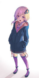 Rule 34 | 1girl, bad id, bad pixiv id, cjl6y5r, fang, full body, hair ornament, hands in pockets, highres, hood, hood down, hoodie, open mouth, oweee, purple eyes, purple hair, purple thighhighs, shoes, solo, thighhighs, twintails, vocaloid, voiceroid, white background, yuzuki yukari