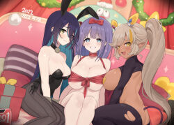 Rule 34 | 3girls, animal ears, ass, black choker, black leotard, black pantyhose, blush, breasts, butt crack, choker, christmas ornaments, cleavage, closed mouth, condom, fake animal ears, fang, gift, grin, haruka1638, highres, large breasts, leotard, looking at viewer, meme attire, misora (princess connect!), multiple girls, naked ribbon, nea (princess connect!), open mouth, pantyhose, pasties, playboy bunny, ponytail, princess connect!, rabbit ears, ranpha (princess connect!), reverse bunnysuit, reverse outfit, ribbon, skin fang, smile, tail, torn clothes, torn pantyhose