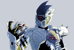 Rule 34 | 1boy, absurdres, armor, black bodysuit, black hair, blue eyes, bodysuit, commentary request, dangerous zombie level x, evil, foreshortening, grey background, heterochromia, highres, kamen rider, kamen rider ex-aid (series), kamen rider genm, light, light rays, looking at viewer, male focus, multicolored bodysuit, multicolored clothes, open hand, orion, pov, red eyes, shoulder spikes, simple background, spiked hair, spikes, sunbeam, sunlight, upper body, white armor, white bodysuit, white hair, zombie