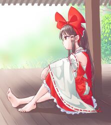 Rule 34 | 1girl, armrest, bare shoulders, barefoot, bloom, bow, brown eyes, brown hair, closed mouth, commentary request, detached sleeves, dress, expressionless, frilled shirt collar, frills, from side, full body, hair behind ear, hair bow, hair tubes, hakurei reimu, knee up, long hair, long sleeves, looking ahead, profile, red bow, red dress, red eyes, ribbon-trimmed sleeves, ribbon trim, s-a-murai, sitting, solo, touhou, very long hair, wide sleeves