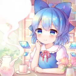 Rule 34 | 1girl, ahoge, blue bow, blue dress, blue eyes, blue hair, blurry, blush, bow, bowtie, bug, bush, butterfly, butterfly wings, cirno, closed mouth, coa (chroo x), coffee, collared shirt, commentary request, cup, drawing (object), dress, drink, eyelashes, eyes visible through hair, flower, flying, frills, green background, hair between eyes, hand on own face, hand up, ice, ice wings, insect, insect wings, jar, kettle, leaf, looking to the side, orange flower, pink bow, pink bowtie, pink flower, plate, puffy short sleeves, puffy sleeves, shadow, shirt, short hair, short sleeves, sitting, smile, solo, steam, sunlight, table, touhou, tree, tulip, wall, white shirt, wings, yellow flower
