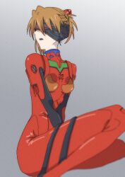 Rule 34 | 1girl, absurdres, alternate hairstyle, artist request, ass, bodysuit, breasts, brown hair, evangelion: 3.0+1.0 thrice upon a time, highres, looking to the side, medium breasts, neon genesis evangelion, pilot suit, plugsuit, rebuild of evangelion, red bodysuit, shiny clothes, simple background, sitting, solo, souryuu asuka langley, upper body