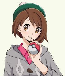 Rule 34 | 1girl, beret, blush, brown eyes, brown hair, closed mouth, collared shirt, creatures (company), female focus, flat chest, game freak, gloria (pokemon), green hat, grey background, grey jacket, hand up, happy, hat, head tilt, holding, holding poke ball, hood, hoodie, jacket, jpeg artifacts, light blush, looking at viewer, matching hair/eyes, nintendo, pas (paxiti), pink shirt, poke ball, poke ball (basic), pokemon, pokemon swsh, shirt, simple background, smile, solo, swept bangs, upper body