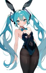 1girl :s absurdres animal_ears aqua_bow aqua_bowtie aqua_eyes aqua_hair arms_behind_back bare_arms bare_shoulders black_leotard black_pantyhose blush_stickers bow bowtie breasts closed_mouth coco_irasuto collarbone covered_navel detached_collar dot_nose fake_animal_ears hair_ornament hatsune_miku headset highleg highleg_leotard highres leaning_forward legs_together leotard long_hair looking_at_viewer pantyhose playboy_bunny pout rabbit-shaped_pupils small_breasts solo strapless strapless_leotard symbol-shaped_pupils thigh_gap thighs transparent_background v-shaped_eyebrows very_long_hair vocaloid