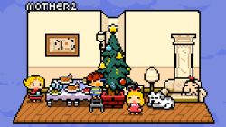 Rule 34 | 1boy, 2girls, blonde hair, christmas, christmas ornaments, christmas tree, copyright name, dog, doseisan, highres, indoors, king (mother 2), ladder, mother (game), mother 2, multiple girls, ness&#039;s mother, nintendo, pixel art, short hair, table, tracy (mother 2), wanpaku pixels