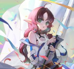 Rule 34 | 1girl, absurdres, ahoge, arknights, bare shoulders, collarbone, commentary request, flag, green eyes, grey skirt, highres, holding, holding flag, jacket, long hair, long sleeves, looking at viewer, myrtle (arknights), nlarou, off shoulder, open clothes, open jacket, parted bangs, parted lips, pointy ears, puffy long sleeves, puffy sleeves, red hair, skirt, solo, tank top, very long hair, white flag, white jacket, white tank top