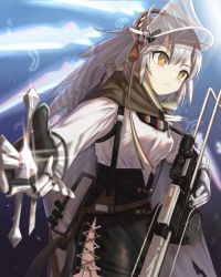 Rule 34 | 1girl, arknights, artist name, black shorts, breasts, bright pupils, closed mouth, fartooth (arknights), feather hair, female focus, floating, floating object, gauntlets, glint, gradient background, high-waist shorts, highres, holding, holding weapon, long hair, long sleeves, medium breasts, outstretched arm, quiver, shironekoban, shirt, shorts, signature, silver hair, solo, suspender shorts, suspenders, very long hair, visor (armor), weapon, white shirt, yellow eyes