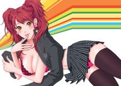 Rule 34 | 1girl, atlus, blush, bow, bow bra, bra, breasts, brown eyes, cleavage, earrings, heart, houndstooth, jewelry, kujikawa rise, lace, lingerie, lipstick, lying, makeup, miniskirt, on side, panties, persona, persona 4, pink bra, pink panties, pleated skirt, red hair, school uniform, skirt, solo, sumitan, thighhighs, twintails, underwear