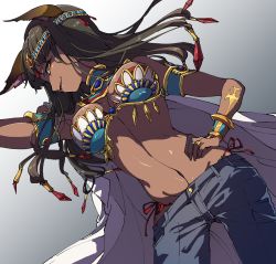 Rule 34 | 1girl, animal ears, black hair, cat ears, ciconia no naku koro ni, cuffs, dark skin, dark-skinned female, denim, dutch angle, egyptian, egyptian mythology, g-string, hand on own hip, headband, highres, jeans, jewelry, long hair, looking at viewer, midriff, pants, prgdmk, ring, seshat, simple background, solo, thong, white background, yellow eyes