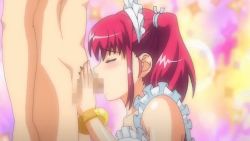 Rule 34 | animated, animated gif, apron, blush, censored, cosplay, closed eyes, fellatio, maid headdress, natsumize sukumi, oral, penis, pink hair, red hair, school swimsuit, swimsuit, tsundere inran shoujo sukumi, twintails