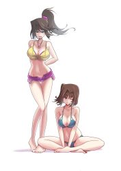Rule 34 | 2girls, barefoot, bikini, blue hair, breasts, brown hair, cleavage, dual persona, full body, hair ornament, hair scrunchie, highres, indian style, jewelry, large breasts, long hair, mazaki anzu, medium hair, multiple girls, navel, necklace, one eye closed, ponytail, scrunchie, sengenjin31, short shorts, shorts, simple background, sitting, smile, standing, swimsuit, toes, white background, yu-gi-oh!, yu-gi-oh! duel monsters