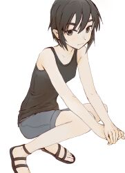 Rule 34 | 1girl, absurdres, arms on knees, bare shoulders, black eyes, black footwear, black hair, black tank top, blue shorts, breasts, closed mouth, collarbone, commentary, denim, denim shorts, expressionless, feason, hair between eyes, highres, kagawa rin, own hands together, romaji commentary, sandals, short hair, shorts, simple background, small breasts, solo, soredemo ayumu wa yosetekuru, squatting, tank top, thick eyebrows, toes, v arms, white background