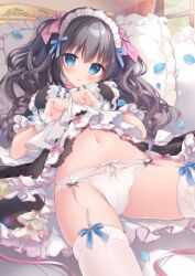 Rule 34 | 1girl, black hair, blue eyes, blush, clothes lift, commentary, garter straps, lifted by self, long hair, looking at viewer, maid, maid headdress, navel, on bed, original, panties, parted lips, pillow, shirosei mochi, solo, symbol-only commentary, thighhighs, twintails, underwear, white panties, white thighhighs