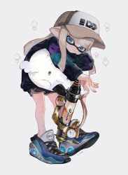 Rule 34 | 1girl, bad id, bad twitter id, blue eyes, blunt bangs, female focus, grey hat, gun, hat, highres, holding, holding stuffed toy, inkling, inkling girl, inkling player character, leaning forward, nintendo, pointy ears, shoes, short shorts, shorts, simple background, solo, splatoon (series), stuffed toy, tentacle hair, ume (plumblossom), weapon, white background