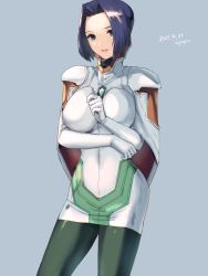 Rule 34 | 1girl, 2021, artist name, blue eyes, breasts, dated, dress, gloves, highres, looking at viewer, miang hawwa, pantyhose, purple hair, short hair, simple background, smile, solo, xenogears, yamamori kinako