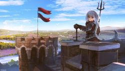 Rule 34 | 1girl, advarcher, armor, bird, blue eyes, blue hair, blue sky, blunt bangs, castle, cloud, fins, fish tail, flag, flower, forest, gawr gura, highres, hololive, hololive english, holomyth, knight, looking at viewer, mountain, multicolored hair, nature, polearm, red flag, river, shark girl, shark tail, short twintails, sky, solo, streaked hair, sword, tail, tree, trident, twintails, two-tone hair, virtual youtuber, water, weapon, white hair