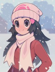 Rule 34 | 1girl, absurdres, artist name, beanie, black hair, blush, buttons, closed mouth, coat, commentary, creatures (company), dawn (pokemon), day, eyelashes, game freak, hair ornament, hairclip, hat, highres, long hair, nintendo, outdoors, pokemon, pokemon dppt, pokemon platinum, red coat, scarf, sidelocks, smile, snowing, solo, svv art, upper body, winter clothes