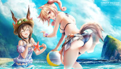 Rule 34 | 2girls, ^ ^, amiya (arknights), animal ears, arknights, ass, bad id, bad pixiv id, bare arms, bare shoulders, bikini, bikini skirt, blonde hair, blue sky, breasts, brown hair, closed eyes, cloud, commentary request, day, ears through headwear, facing viewer, flower, hair between eyes, hat, hat flower, highres, holding, jewelry, long hair, looking at viewer, medium breasts, miniskirt, multiple girls, neck ring, off-shoulder shirt, off shoulder, official alternate costume, open mouth, puffy sleeves, rabbit ears, red eyes, shirt, skirt, sky, smile, sora (arknights), sora (summer flowers) (arknights), starfish, sun hat, swimsuit, tail, thighs, twintails, water, wolf ears, wolf tail, yokaze (yokajie)