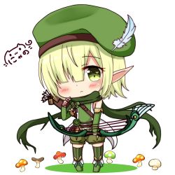 Rule 34 | 1041 (toshikazu), 1girl, aoi (princess connect!), arrow (projectile), beret, blue feathers, blush, boots, bow (weapon), chibi, closed mouth, commentary request, detached sleeves, feathers, green eyes, green footwear, green hair, green hat, green scarf, green shirt, green shorts, green thighhighs, hair over one eye, hand up, hat, hat feather, heart, heart in eye, highres, holding, holding bow (weapon), holding weapon, long sleeves, looking at viewer, mushroom, nyano21, pointy ears, princess connect!, puffy shorts, quiver, scarf, shirt, short hair, short shorts, shorts, signature, sleeveless, sleeveless shirt, solo, striped clothes, striped thighhighs, symbol in eye, thighhighs, thighhighs under boots, vertical-striped clothes, vertical-striped thighhighs, weapon, white background
