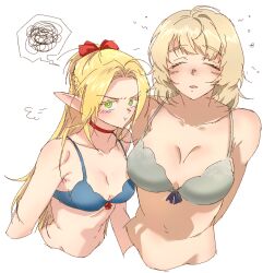 Rule 34 | 2girls, 44baby44, blonde hair, blue bra, blush, bow, bra, breasts, bright pupils, choker, cleavage, closed eyes, commentary request, cropped torso, dungeon meshi, falin touden, falin touden (tallman), green eyes, hair bow, highres, large breasts, long hair, looking at viewer, marcille donato, medium hair, multiple girls, parted lips, pointy ears, pout, red bow, red choker, small breasts, spoken squiggle, squiggle, underwear, underwear only, upper body, white background, white pupils