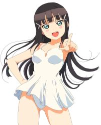 Rule 34 | 1girl, aqua eyes, artist name, artist request, bare legs, bare shoulders, black hair, blunt bangs, blush, breasts, cleavage, collarbone, female focus, floating hair, green eyes, hair ornament, hairclip, hand on own hip, kurosawa dia, long hair, looking at viewer, love live!, love live! school idol festival, love live! sunshine!!, medium breasts, mole, mole under mouth, one-piece swimsuit, parted lips, pointing, pointing at viewer, smile, solo, swimsuit, v-shaped eyebrows, white background, white one-piece swimsuit