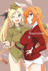 Rule 34 | 2girls, animal ears, ass, blonde hair, blue eyes, breast press, breasts, cat ears, cat tail, character name, charlotte e. yeager, fang, fujii jun, grin, hair ribbon, hands on own hips, hat, katharine ohare, large breasts, long hair, looking at viewer, military, military uniform, multiple girls, no pants, one eye closed, orange hair, panties, ponytail, rabbit ears, rabbit girl, rabbit tail, ribbon, smile, strike witches, strike witches: suomus misfits squadron, tail, underwear, uniform, world witches series
