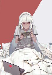 Rule 34 | 10s, 1girl, absurdres, altera (fate), alternate costume, bad id, bad pixiv id, blanket, candy, candy wrapper, commentary request, computer, dark-skinned female, dark skin, fate/extella, fate/extra, fate/grand order, fate (series), food, grey shirt, headphones, headphones around neck, highres, holding, laptop, long hair, md5 mismatch, pillow, playing games, red eyes, reroi, shirt, sitting, solo, sweat, two-tone background, under covers, veil, white hair