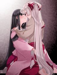 Rule 34 | 2girls, barefoot, black hair, bow, closed mouth, commentary request, face-to-face, fujiwara no mokou, full body, grey eyes, grey hair, grey shirt, hair bow, hand on another&#039;s hip, hand on another&#039;s shoulder, highres, hime cut, houraisan kaguya, long hair, long sleeves, mokoiscat, multiple girls, pants, pink shirt, red bow, red eyes, red pants, shirt, signature, smile, strap slip, touhou, two-tone bow, very long hair, white bow, wide sleeves, yuri