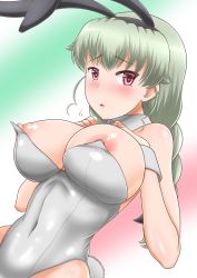 Rule 34 | 1girl, absurdres, anchovy (girls und panzer), animal ears, areola slip, artist request, belly, black ribbon, blush, braid, breast rest, breasts, covered erect nipples, cuffs, detached collar, fake animal ears, girls und panzer, green hair, hair ornament, highres, large breasts, leotard, long hair, looking at viewer, navel, nipple slip, nipples, playboy bunny, ponytail, rabbit ears, rabbit tail, red eyes, ribbon, tail, wardrobe malfunction, wrist cuffs