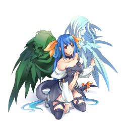Rule 34 | 1girl, ane-suisei, asymmetrical wings, bare shoulders, black thighhighs, blue hair, breasts, choker, dizzy (guilty gear), full body, guilty gear, guilty gear x, guilty gear xx, hair ribbon, highres, kneeling, long hair, navel, necro (guilty gear), red eyes, ribbon, skull, solo, tail, tail ornament, tail ribbon, thighhighs, twintails, underboob, undine (guilty gear), very long hair, wings