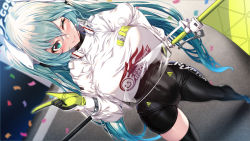 Rule 34 | 1girl, asymmetrical bodysuit, black bodysuit, bodysuit, boots, breasts, crop top, crop top overhang, cropped jacket, flag, flagpole, flame print, gloves, goodsmile company, goodsmile racing, green gloves, hatsune miku, highres, holding, holding flag, holding pole, jacket, large breasts, long sleeves, one eye closed, pole, race queen, racing miku, racing miku (2022), single thigh boot, single thighhigh, skin tight, smile, smiley face, solo, thigh boots, thighhighs, torisan, two-tone gloves, vocaloid, white jacket