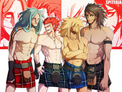 Rule 34 | 4boys, abs, alternate costume, artist name, belt, blonde hair, blue hair, brown hair, crossed arms, eustass kid, facial hair, fingerless gloves, gloves, goatee, hair over eyes, dreadlocks, heat (one piece), jewelry, killer (one piece), kilt, male focus, multiple boys, muscular, necklace, one piece, plaid, red hair, scar, topless male, spitfaia, tattoo, wire (one piece), wristband