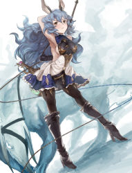 Rule 34 | 10s, 1girl, animal, animal ears, arm behind back, backless dress, backless outfit, beaker, black footwear, black gloves, black pantyhose, blue hair, boots, breasts, brown eyes, closed mouth, dog, dress, erune, ferry (granblue fantasy), ghost, gloves, granblue fantasy, hair between eyes, high heel boots, high heels, highres, holding, long hair, medium breasts, no bra, pantyhose, short dress, sideboob, solo, souten (bluesky145), standing, wavy hair, whip