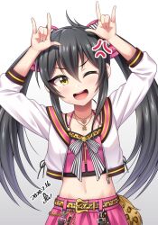 Rule 34 | 1girl, \m/, anger vein, animal print, arms up, belt, black hair, blush, breasts, cleavage, collarbone, cropped jacket, cropped shirt, dated, dot nose, double \m/, hair between eyes, hair ribbon, heart, heart necklace, highres, idolmaster, idolmaster cinderella girls, idolmaster cinderella girls starlight stage, idolmaster cinderella girls u149, jacket, jewelry, leopard print, long hair, long sleeves, looking at viewer, love live!, matoba risa, midriff, navel, necklace, nico nico nii, one eye closed, open clothes, open jacket, open mouth, pink shirt, pink skirt, red ribbon, ribbon, shirt, signature, simple background, skirt, small breasts, smile, solo, sweatdrop, teeth, twintails, v-shaped eyebrows, white background, white jacket, yazawa nico, yellow belt, yellow eyes, yoohi