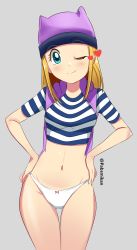 Rule 34 | 1girl, absurdres, animal ear hat, blonde hair, blush, breasts, digimon, digimon frontier, green eyes, hands on own hips, hat, heart, highres, medium breasts, navel, no pants, one eye closed, orimoto izumi, pabsmikan, panties, purple vest, shirt, smile, solo, striped clothes, striped shirt, underwear, vest, white panties, wink