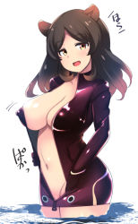 Rule 34 | 10s, 1girl, animal ears, black hair, blush, bodysuit, breasts, brown eyes, brown hair, center opening, cleavage, covered erect nipples, hippopotamus (kemono friends), hippopotamus ears, ippongui, kemono friends, large breasts, long hair, looking at viewer, multicolored hair, navel, open bodysuit, open clothes, open mouth, red hair, smile, solo, two-tone hair, unzipped, wading, water