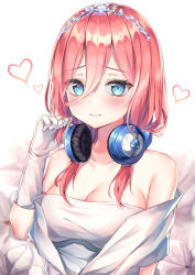 Rule 34 | 1girl, bad id, bad pixiv id, bare shoulders, blue eyes, blush, breasts, cleavage, closed mouth, collarbone, commentary request, dress, frown, gloves, go-toubun no hanayome, hair between eyes, hand up, headband, headphones, headphones around neck, heart, hinaki (hinaki 0102), large breasts, long hair, looking at viewer, nakano miku, pink hair, solo, strapless, strapless dress, upper body, wedding dress, white background, white dress, white gloves
