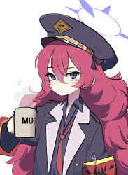 Rule 34 | 1girl, absurdres, armband, bad anatomy, bad arm, black coat, black hat, black shirt, blue archive, blush, closed mouth, coat, collared shirt, cup, domado, grey eyes, hair between eyes, halo, hat, highres, holding, holding cup, iroha (blue archive), long hair, long sleeves, looking at viewer, necktie, peaked cap, purple halo, red armband, red hair, red necktie, safety pin, shirt, simple background, solo, upper body, white background