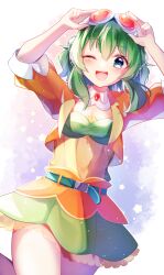 Rule 34 | 1girl, absurdres, adjusting eyewear, arms up, belt, blush, breasts, brooch, cleavage, crop top, cropped jacket, goggles, goggles on head, green hair, gumi, headphones, highres, jewelry, looking at viewer, mani (second-dimension), one eye closed, open mouth, red-tinted eyewear, short hair with long locks, skirt, small breasts, smile, solo, standing, standing on one leg, strapless, tinted eyewear, tube top, vocaloid