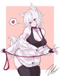 Rule 34 | 1girl, animal ear fluff, animal ears, bare shoulders, black footwear, blush, breasts, cleavage, closed mouth, collar, collarbone, dated, dog ears, dog tail, fingernails, flat color, heart, highres, holding, holding leash, leash, long fingernails, looking at viewer, medium breasts, medium hair, original, pink collar, pink eyes, scarlet zel, sharp fingernails, signature, simple background, sleeves past wrists, smile, solo, speech bubble, spoken heart, tail, thighhighs, white background, white hair